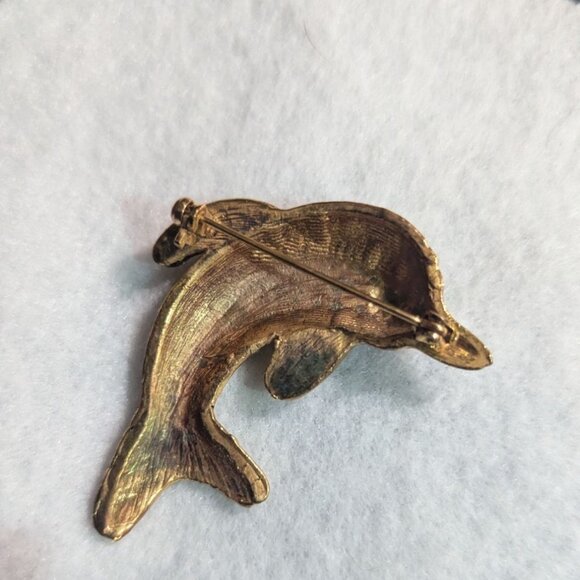 Vintage Brass Dolphin Brooch Pin Textured Finish 2"  Nautical Charm Accessory - Picture 4 of 5